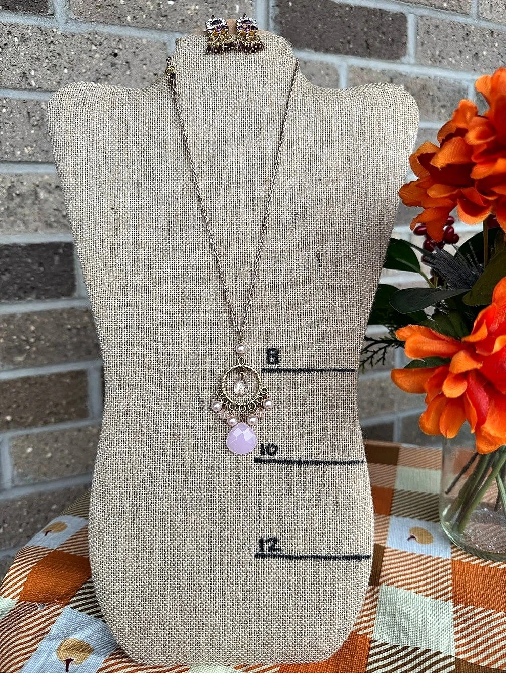 Handmade Pink Crystal Pearl Pendant Necklace & Purple Rhinestone Earrings NWT
